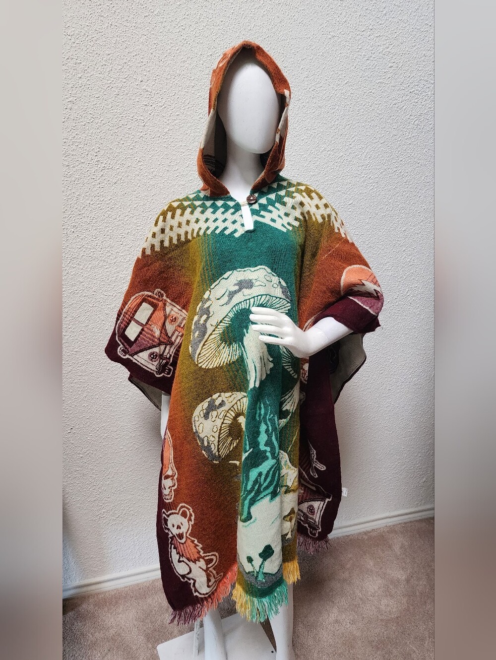 Mindalae Handmade Wool Blend Poncho with Geometric Logo Mushroom